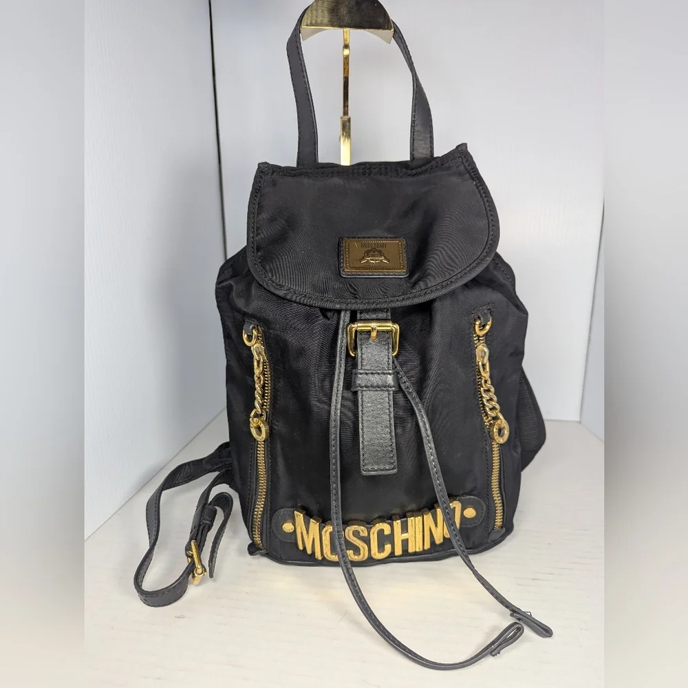 MOSCHINO Black Nylon Leather Trim Backpack Gold-tone Logo